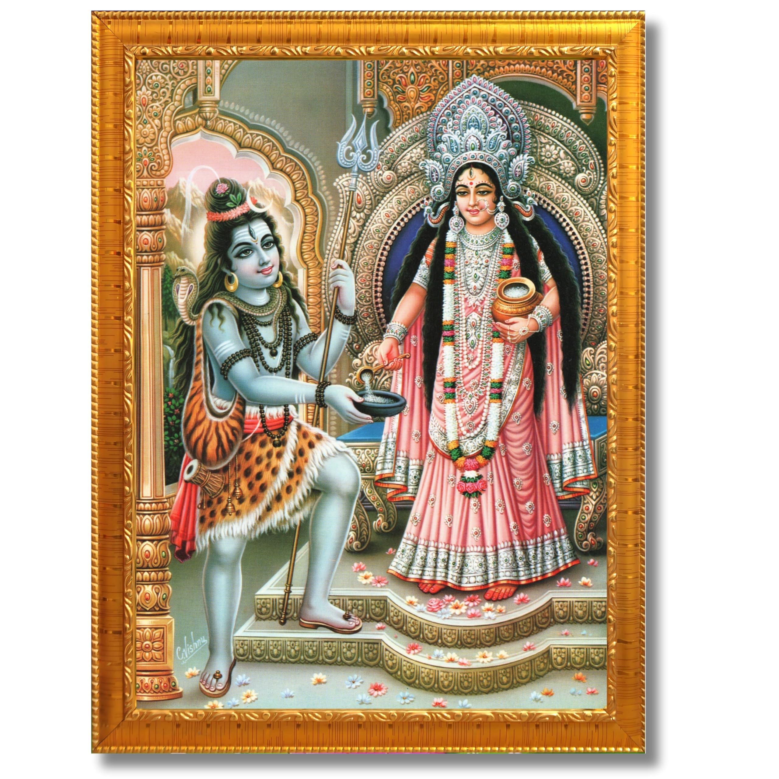 CRAFT QUEST Shiva & Maa Annapurna devi sitting on throne photo frame with Laminated Poster for Kitchen Worship