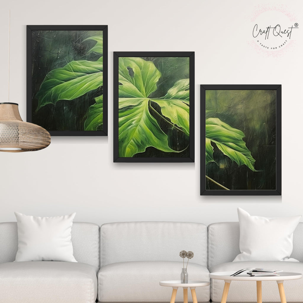 CRAFT QUEST Nature Inspired Painting Of Plant With Green Leaves Wall Art | Set of 3 Frames for Home Decoration | Ideal for Living Room, Bedroom & Offices