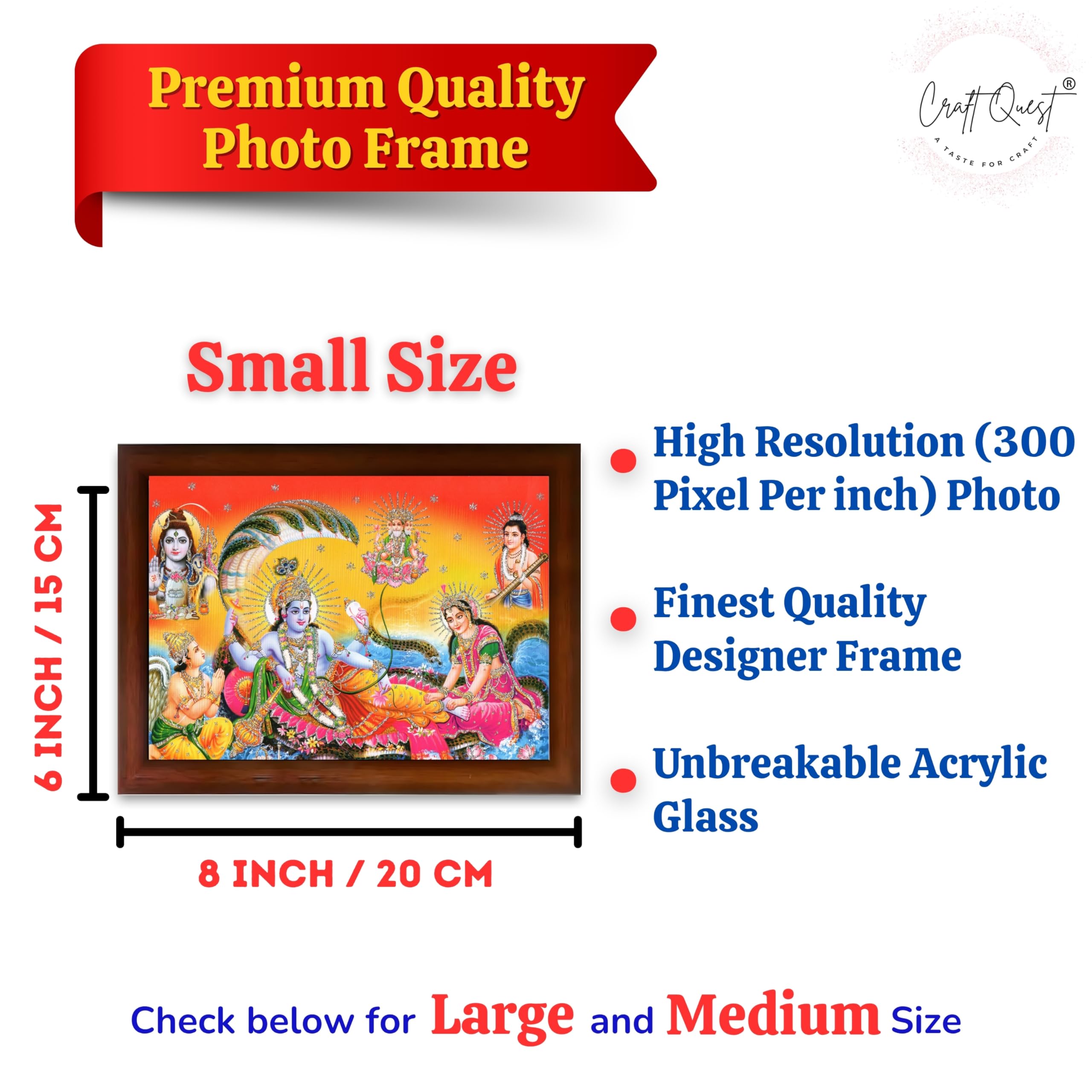 CRAFT QUEST Goddess Lakshmi pressing legs of lord Vishnu on Shesh naag, Glitter Work Painting wooden frame