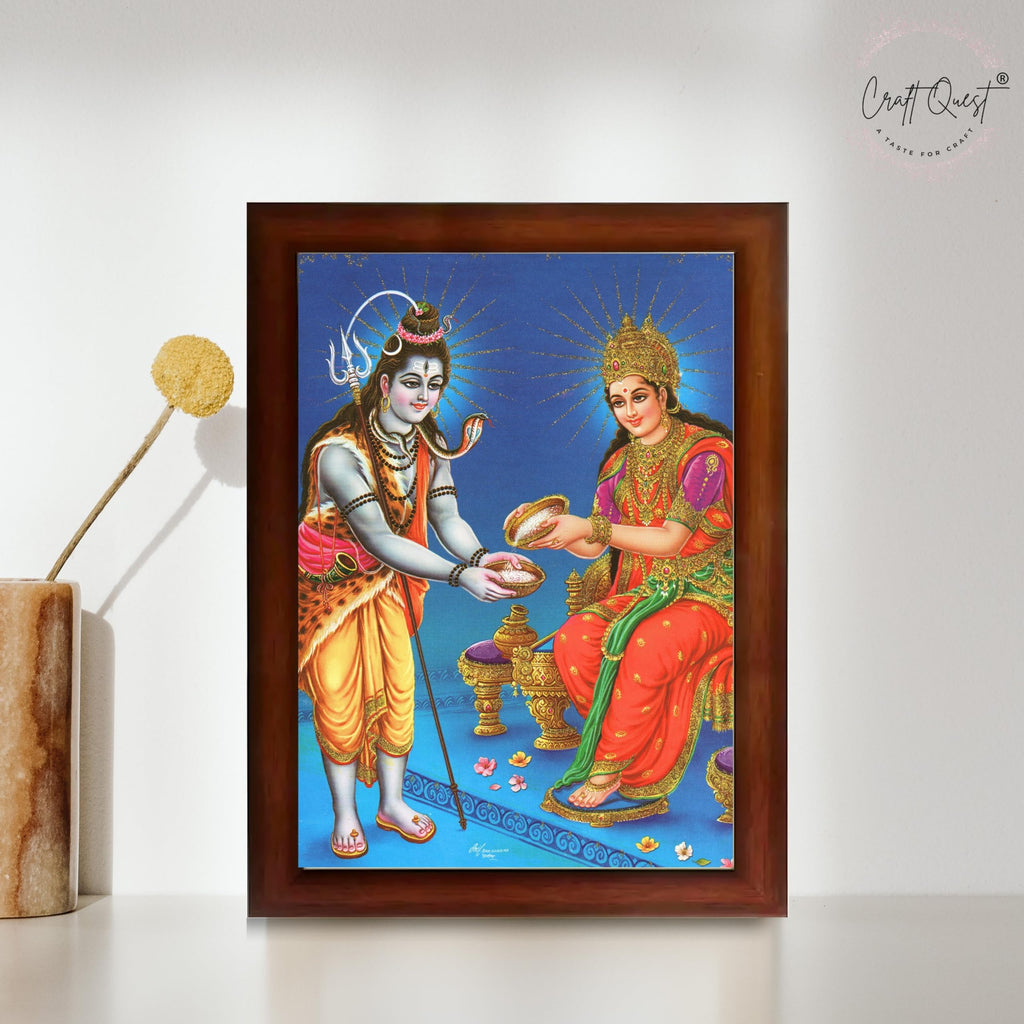 CRAFT QUEST Shiva & Maa Annapurna devi sitting on throne photo frame with Laminated Poster for Kitchen Worship