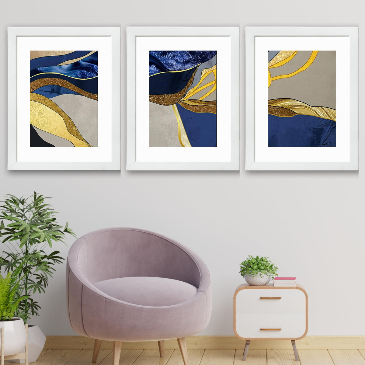CRAFT QUEST Abstract Blue & Gold Artwork | Set of 3 Frames for Home Decoration | Ideal for Living Room, Bedroom & Offices