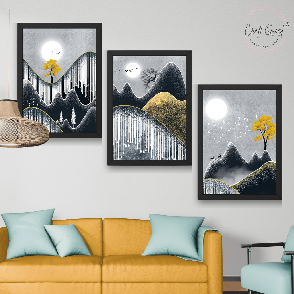 CRAFT QUEST Abstract Art Geometric Figures Decorative Murals | Set of 3 Frames for Home Decoration | Ideal for Living Room, Bedroom & Offices