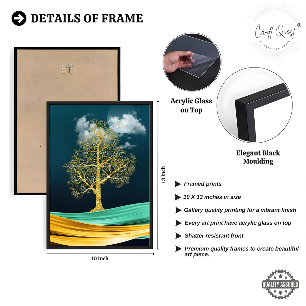 CRAFT QUEST Modern Art Mural With Golden Tree & Birds Wall Art | Set of 3 Frames for Home Decoration | Ideal for Living Room, Bedroom & Offices