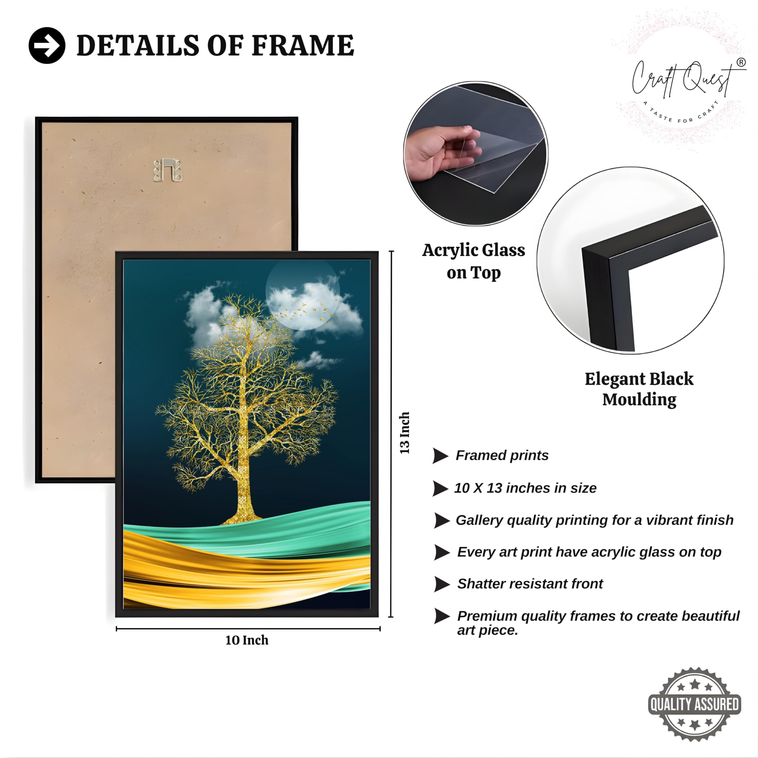 CRAFT QUEST Modern Art Mural With Golden Tree & Birds Wall Art | Set of 3 Frames for Home Decoration | Ideal for Living Room, Bedroom & Offices