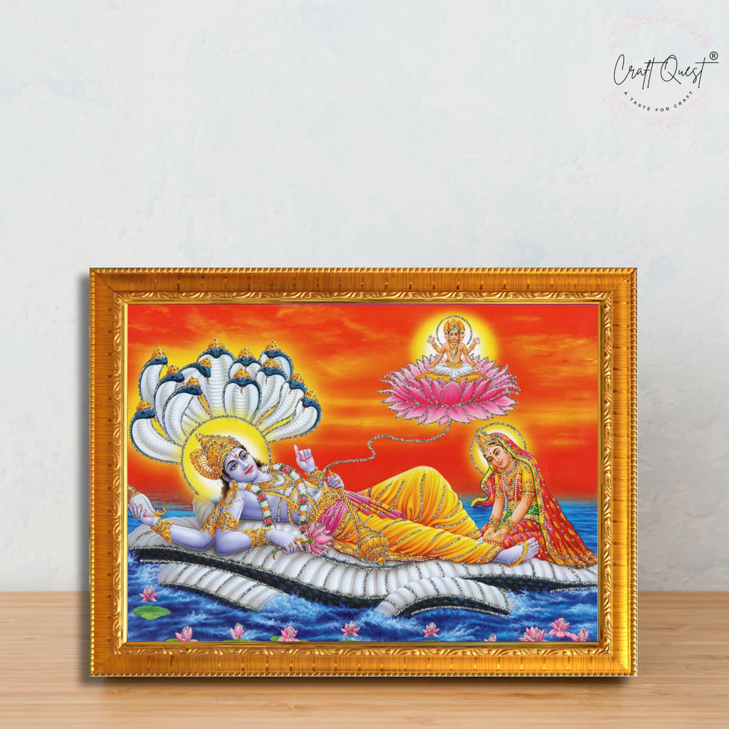 CRAFT QUEST Lord Vishnu and Goddess Lakshmi Giving Blessing on Shesh naag, landscape Glitter Work Painting Synthetic Wood Frame