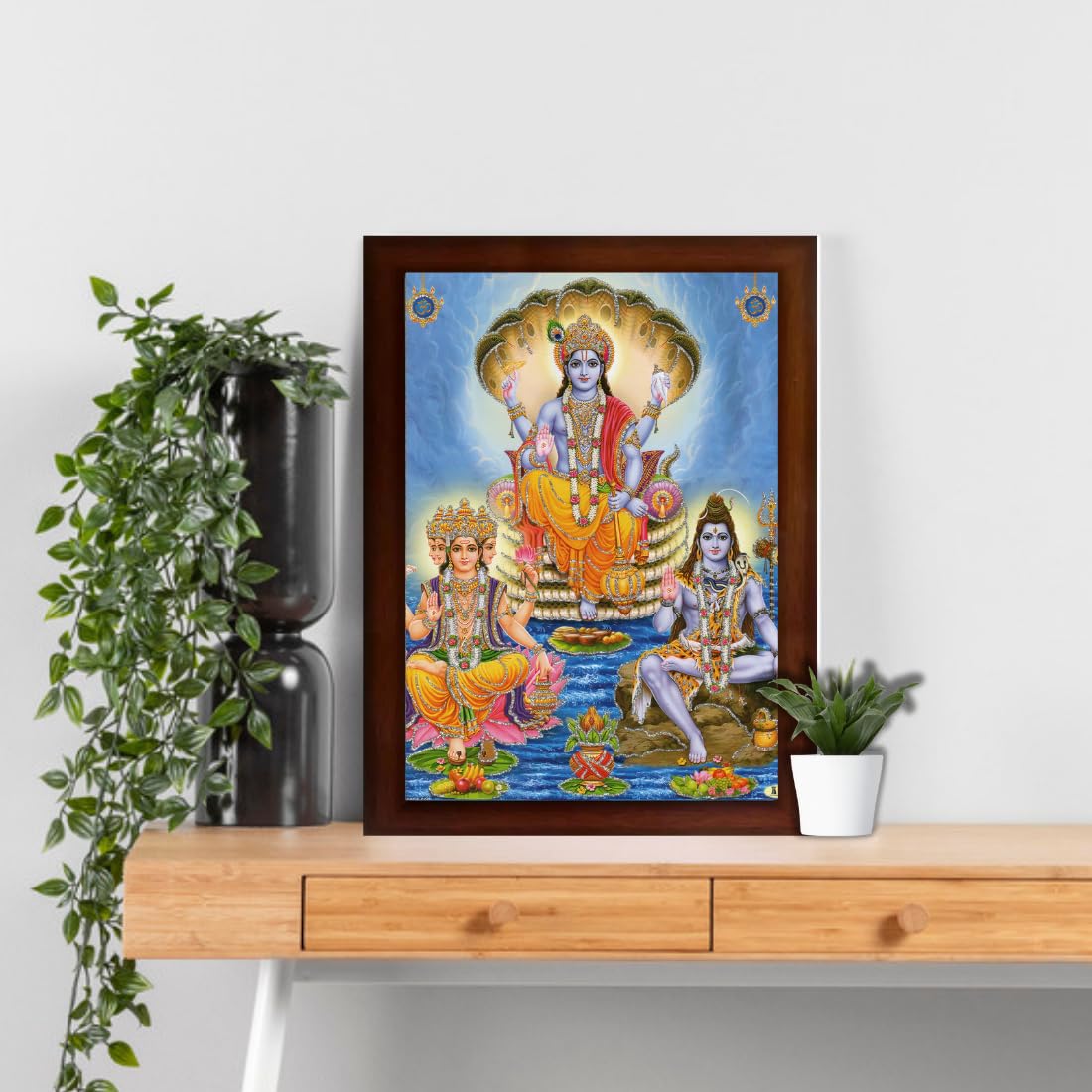 CRAFT QUEST Lord Brahma Vishnu and Mahesh Wall Art, HD Printed Religious & Decor Picture with Frame (14 x 10 Inches, Brown Wood)
