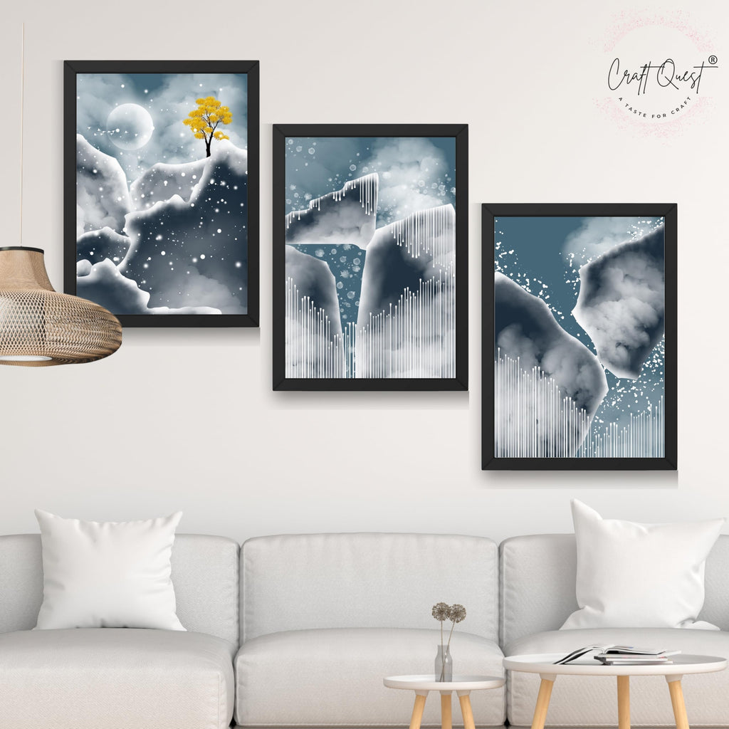 CRAFT QUEST Modern Art Abstract Blue Landscape Wall Art | Set of 3 Frames for Home Decoration | Ideal for Living Room, Bedroom & Offices