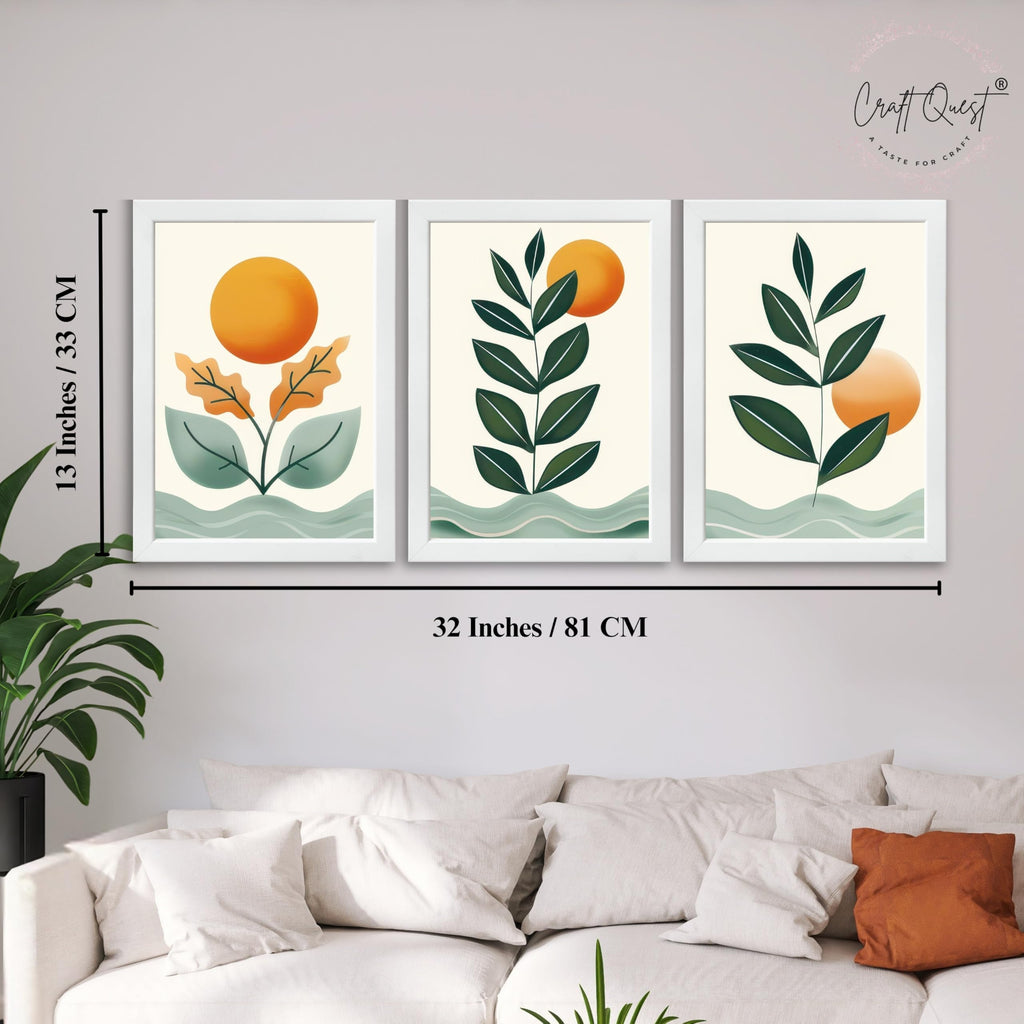 CRAFT QUEST Nature Inspired Sun & Moon Modern Boho Wall Art | Set of 3 Frames for Home Decoration | Ideal for Living Room, Bedroom & Offices