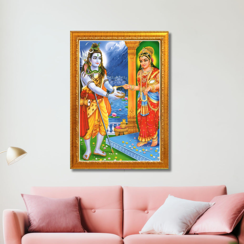 CRAFT QUEST Shiva & Maa Annapurna devi sitting on throne photo frame with Laminated Poster for Kitchen Worship