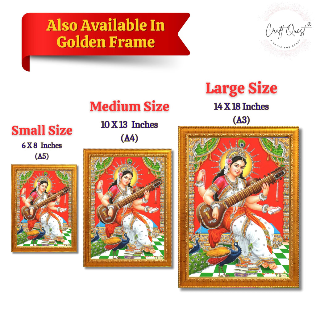 CRAFT QUEST Saraswati Devi Goddess Saraswati Maa Wall Painting Framed Home Decor wooden frame
