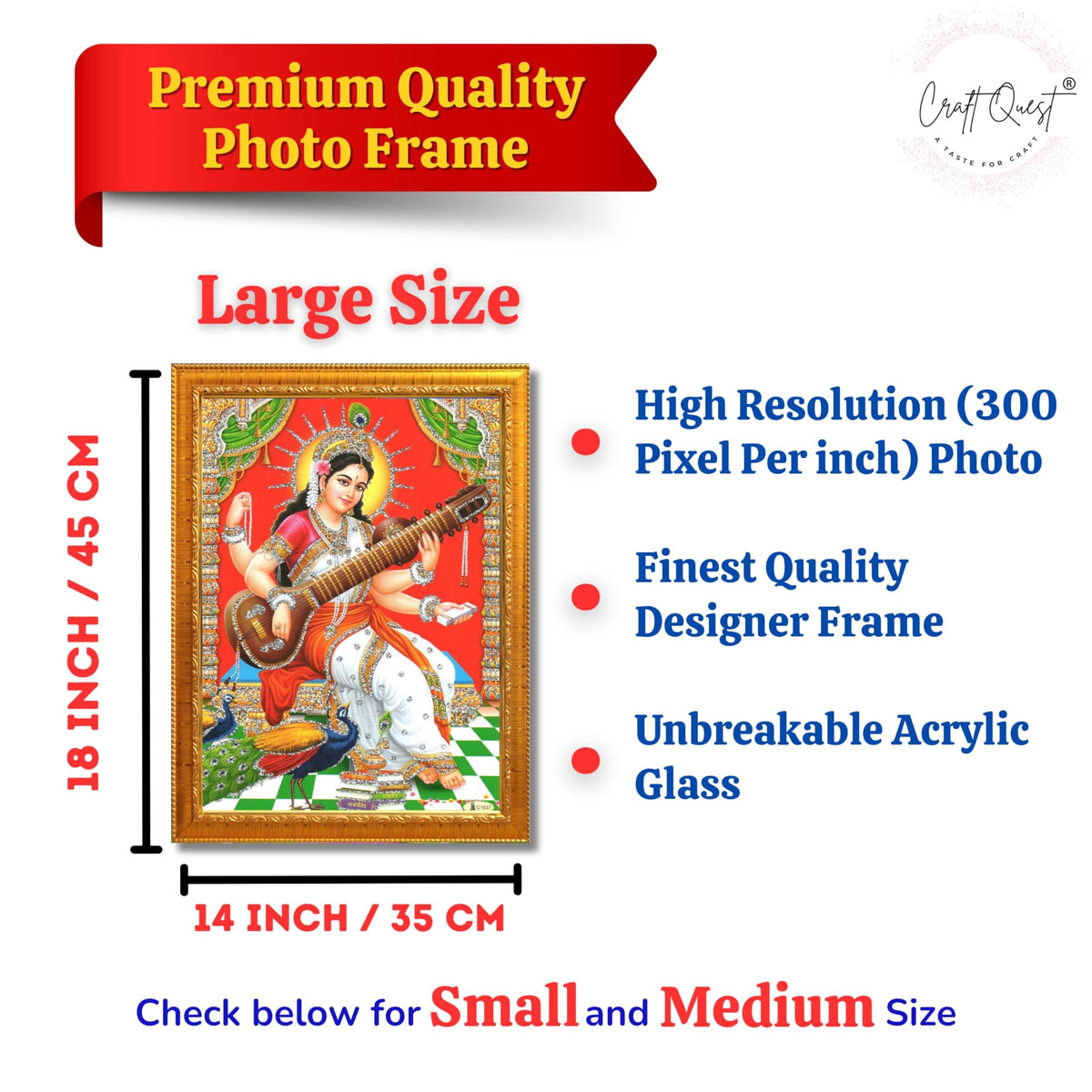 CRAFT QUEST Saraswati Devi Goddess Saraswati Maa Wall Painting Framed Home Decor wooden frame