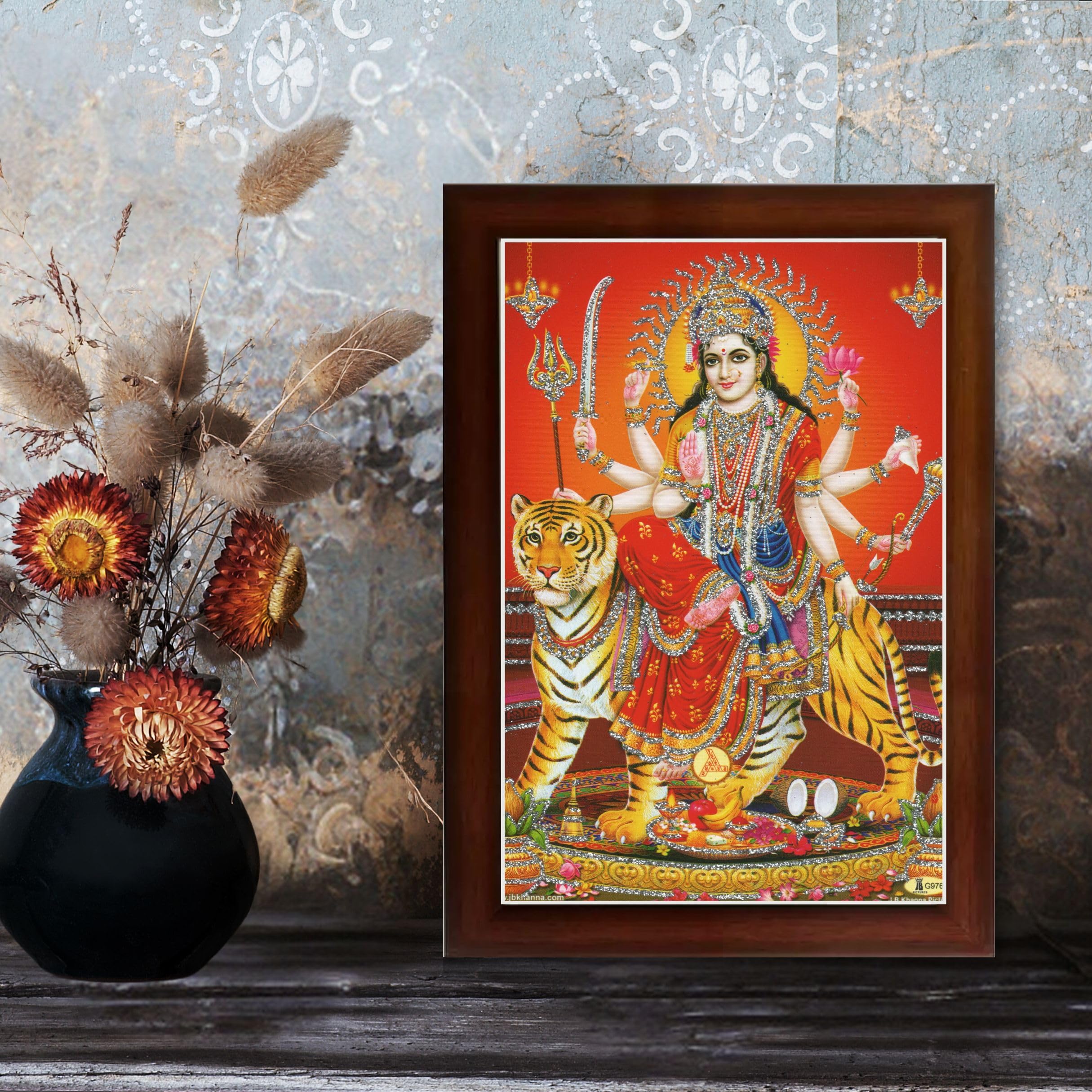 CRAFT QUEST Durga maa photo with BROWN frame, God Religious Framed Painting (Small Size, 8 X 6 Inches)