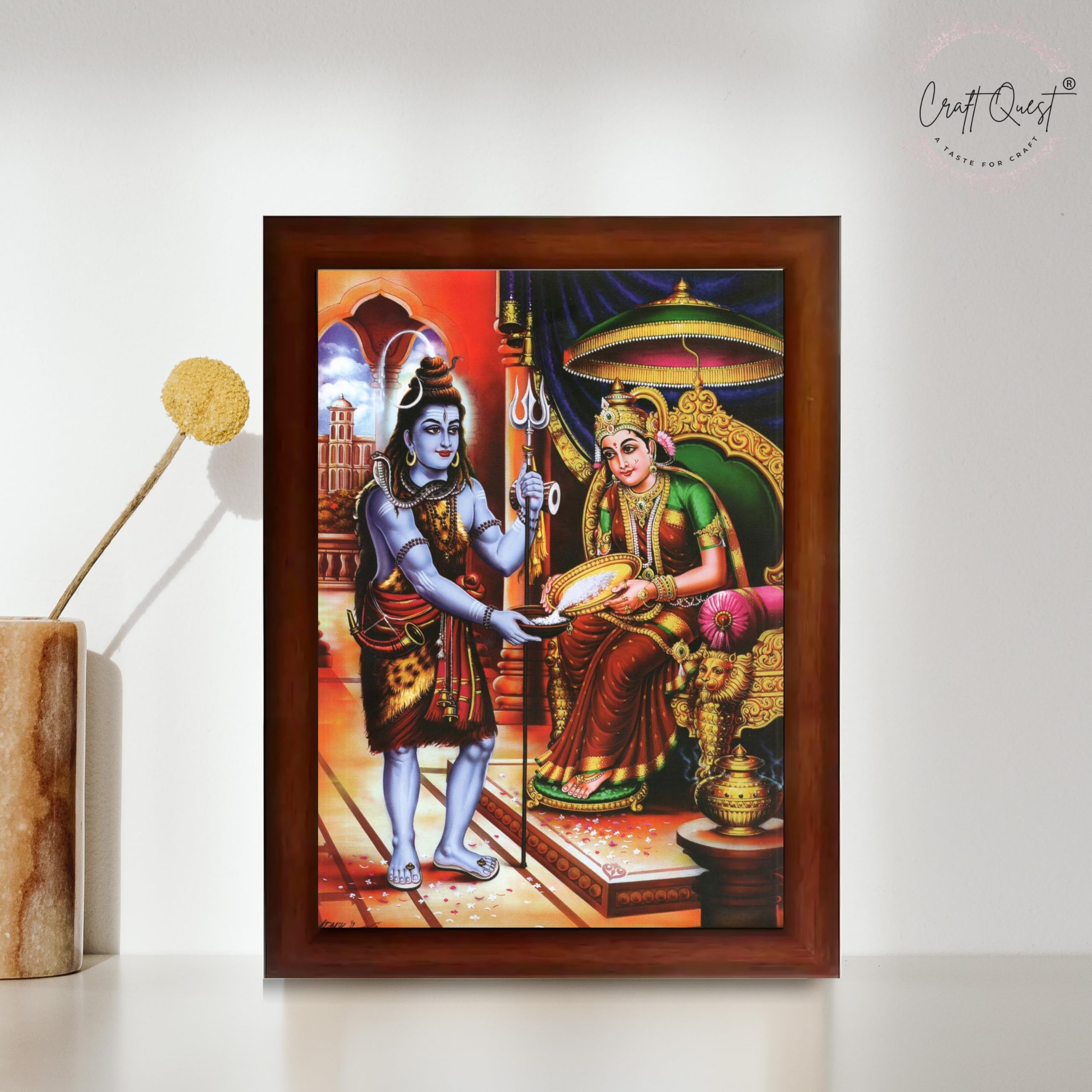 CRAFT QUEST Shiva & Maa Annapurna devi sitting on throne photo frame with Acrylic Glass for Kitchen, Food & Prosperity Blessing Hindu Wall Decor