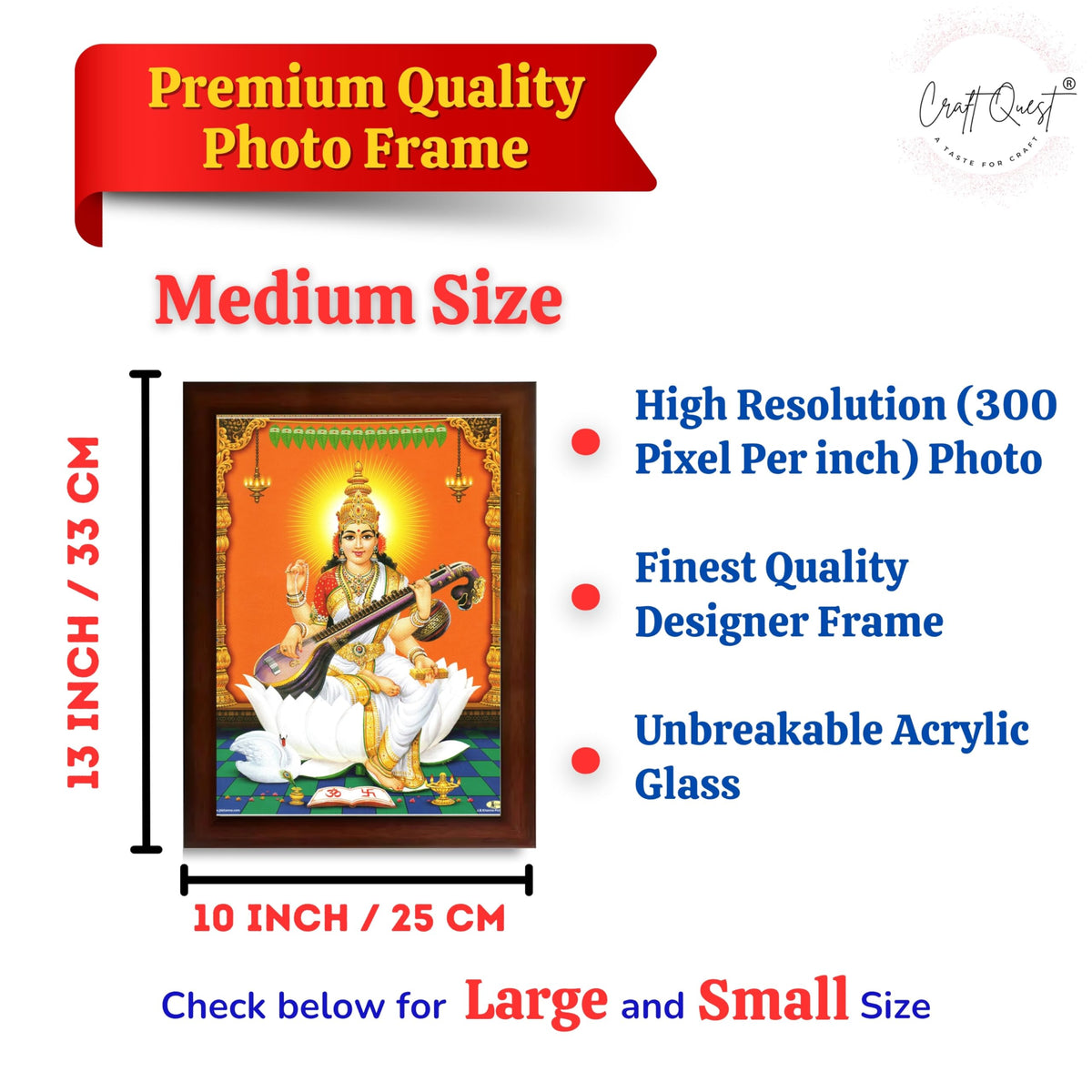CRAFT QUEST Saraswati Devi Goddess Saraswathi Maa Wall Painting For Home Décor Synthetic wood Framed