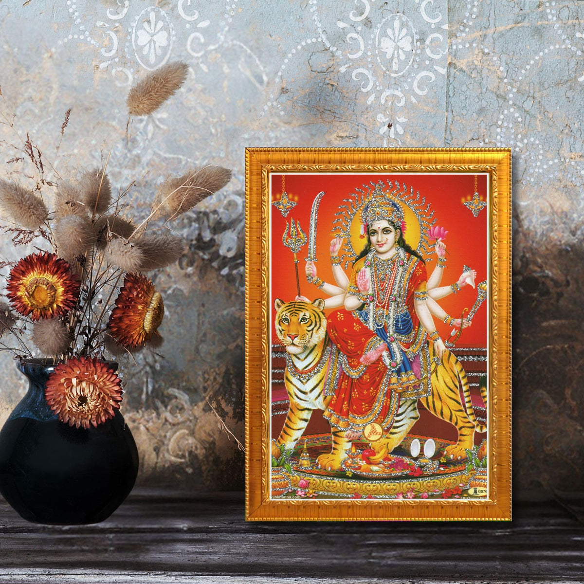 CRAFT QUEST Durga maa photo with Golden frame, God Religious Framed Painting (Small Size, 8 X 6 Inches)