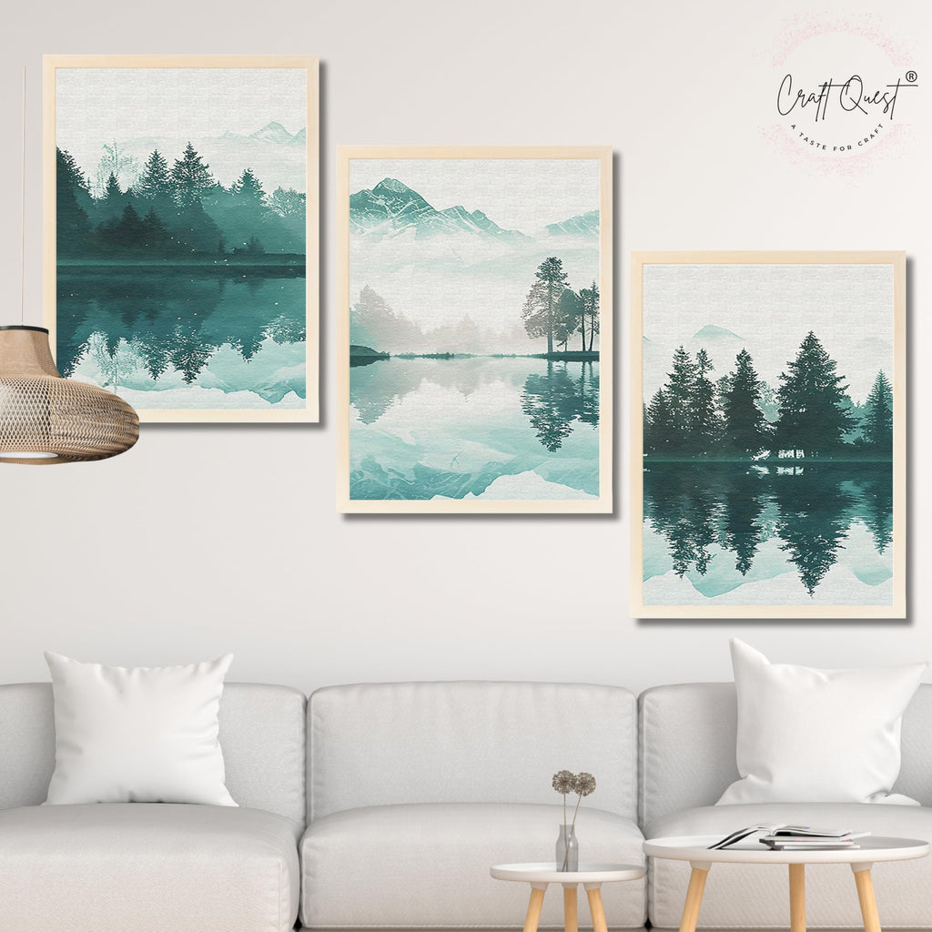 CRAFT QUEST Nature Inspired Series Paintings With Trees & Mountains Wall Art | Set of 3 Frames for Home Decoration | Ideal for Living Room, Bedroom & Offices