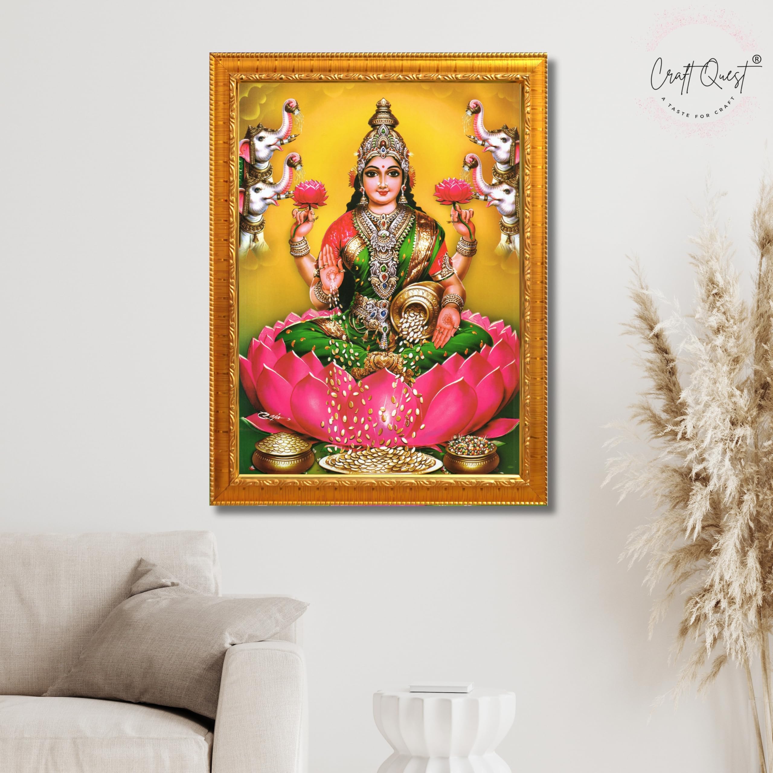 CRAFT QUEST Goddess Lakshmi Mata Devi Vaibhav Laxmi Maa Wall Painting Photo Framed | Ideal for Home, Office, Temple & Puja Room, Wall Decor