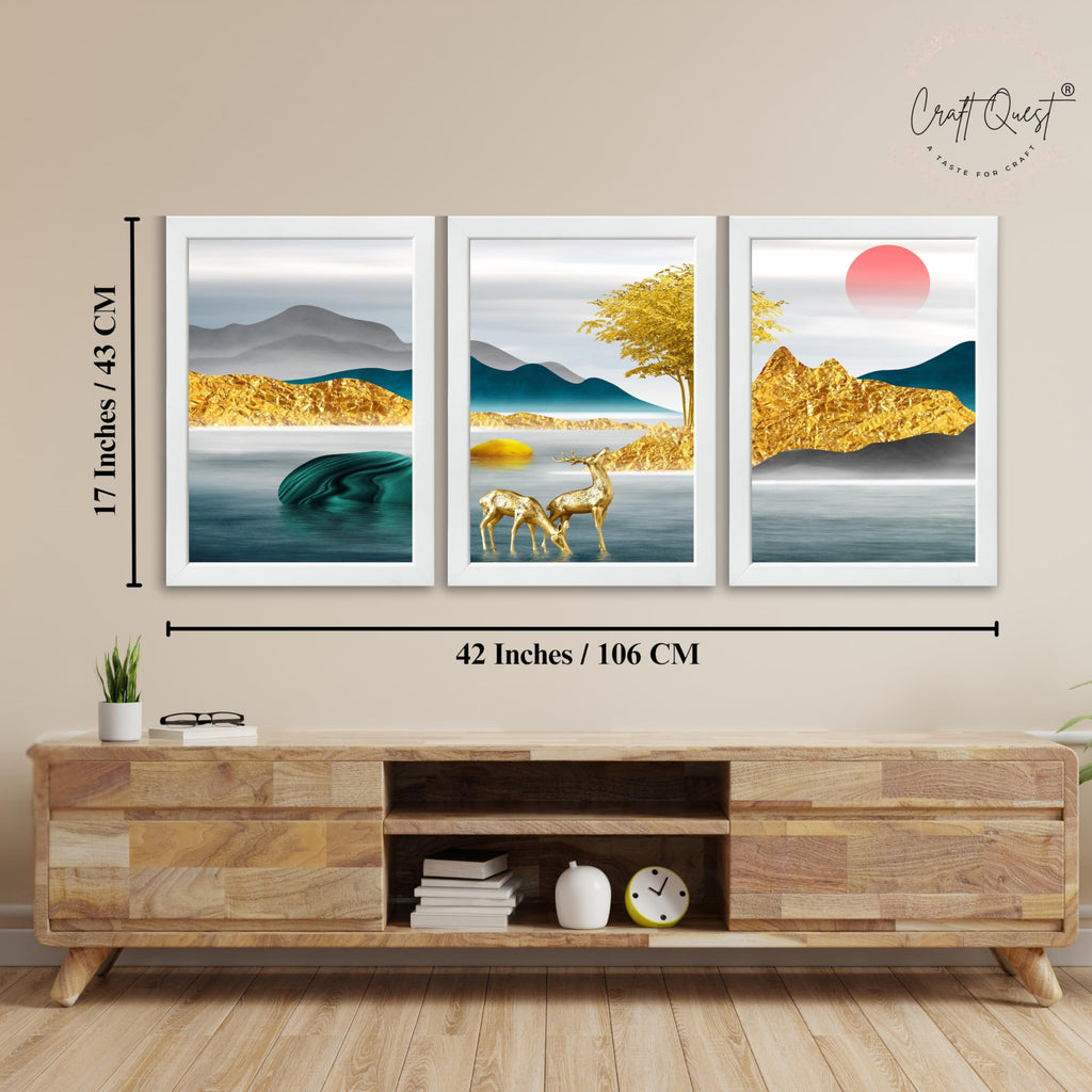 CRAFT QUEST Modern Art Landscapes Sanlian Abstract Wall Art | Set of 3 Frames for Home Decoration | Ideal for Living Room, Bedroom & Offices