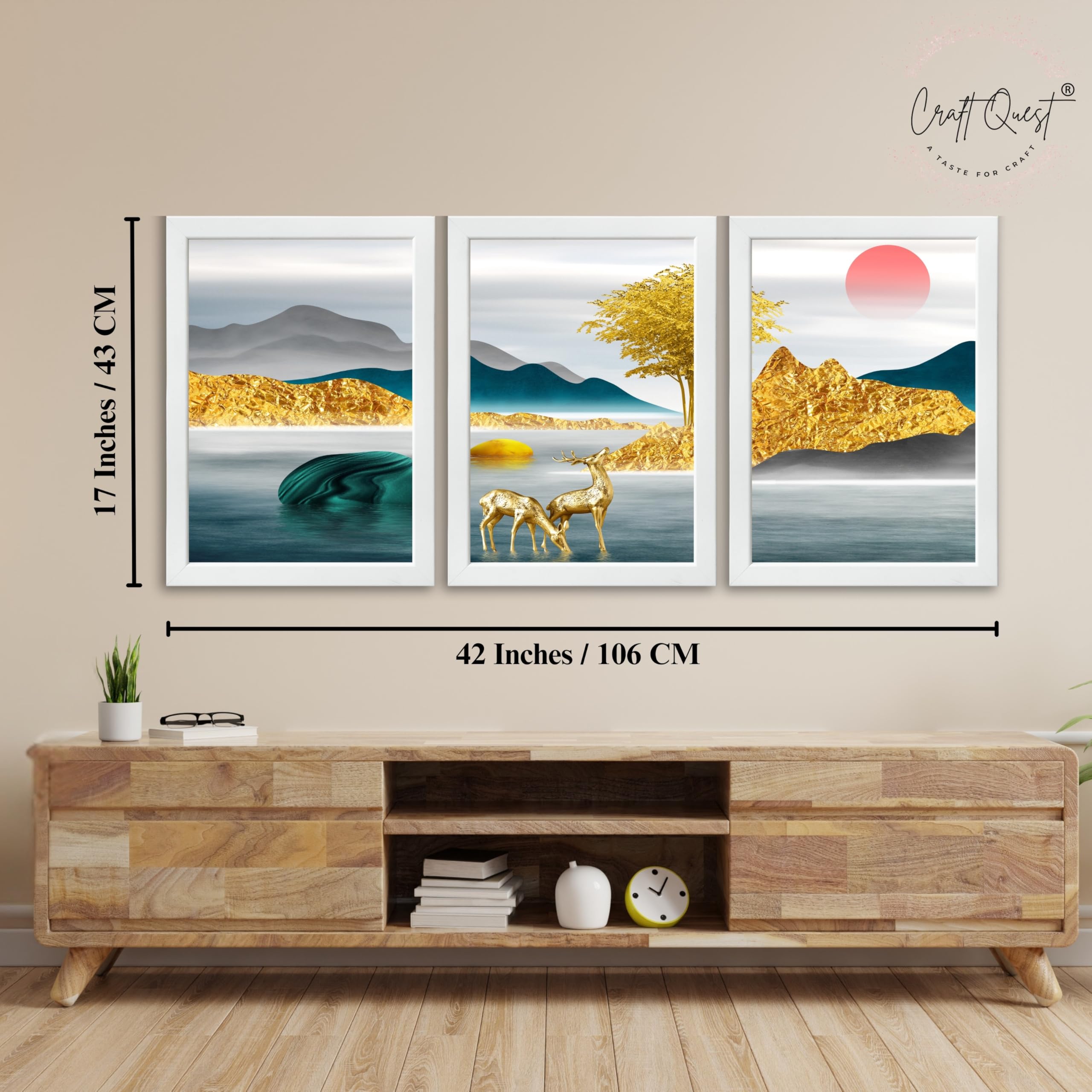 CRAFT QUEST Modern Art Landscapes Sanlian Abstract Wall Art | Set of 3 Frames for Home Decoration | Ideal for Living Room, Bedroom & Offices