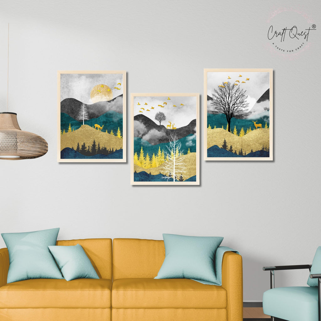 CRAFT QUEST Artistic Composed Abstract Geometric Gold Lines | Set of 3 Frames for Home Decoration | Ideal for Living Room, Bedroom & Offices