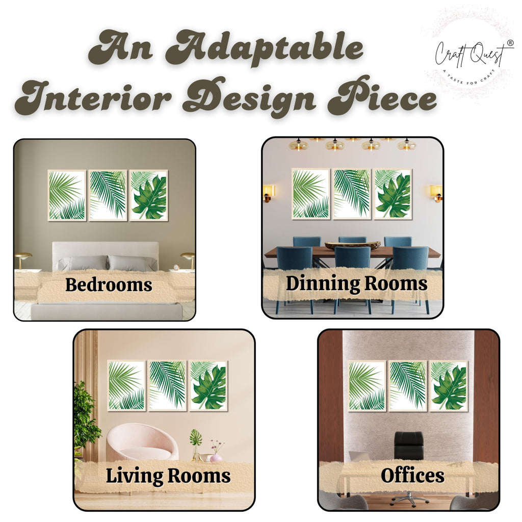 CRAFT QUEST Nature Inspired Tropical Palm Leaf Modern Wall Art | Set of 3 Frames for Home Decoration | Ideal for Living Room, Bedroom & Offices