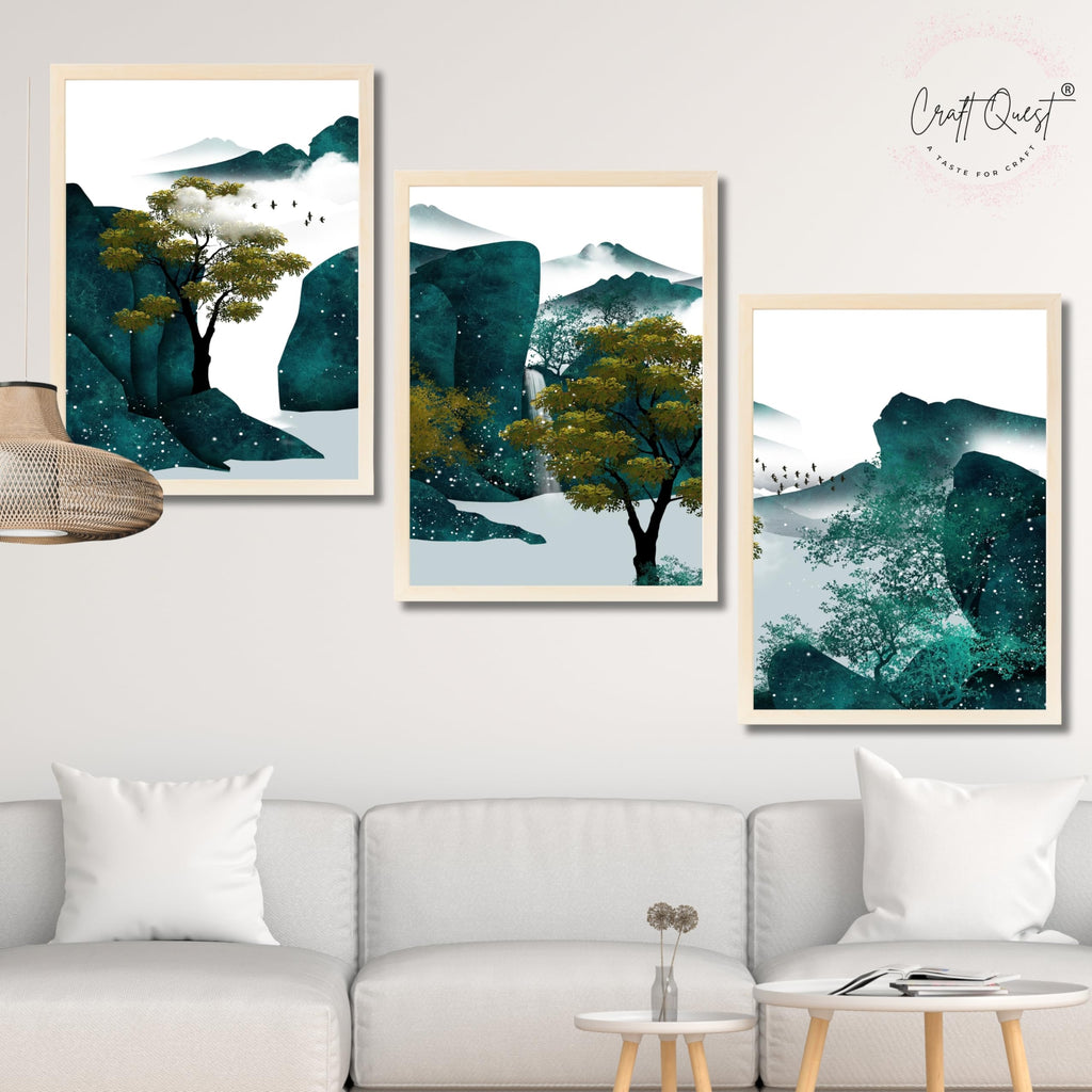 CRAFT QUEST Modern Art Ink Landscape Wall Art | Set of 3 Frames for Home Decoration | Ideal for Living Room, Bedroom & Offices