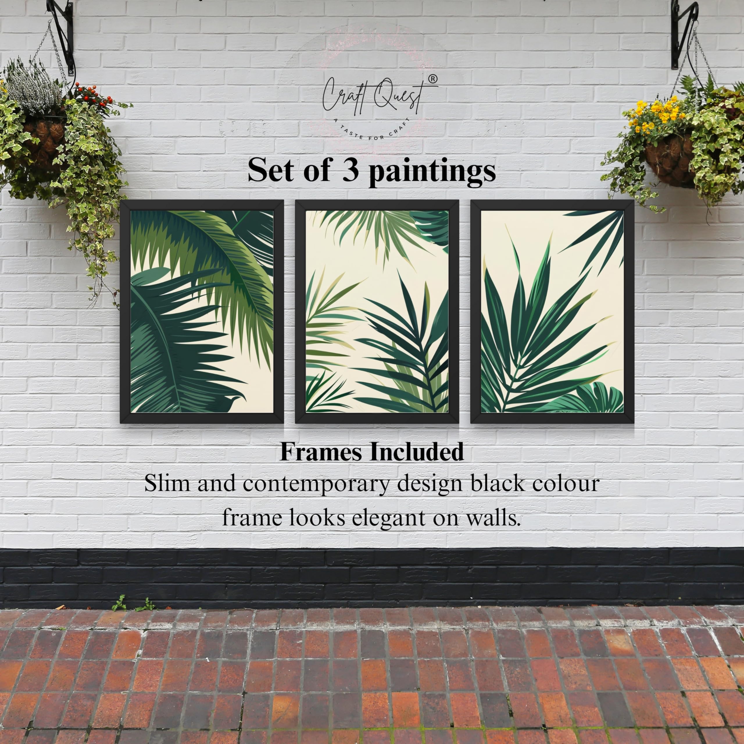 CRAFT QUEST Nature Inspired Tropical Palm Leaves Modern Wall Art | Set of 3 Frames for Home Decoration | Ideal for Living Room, Bedroom & Offices