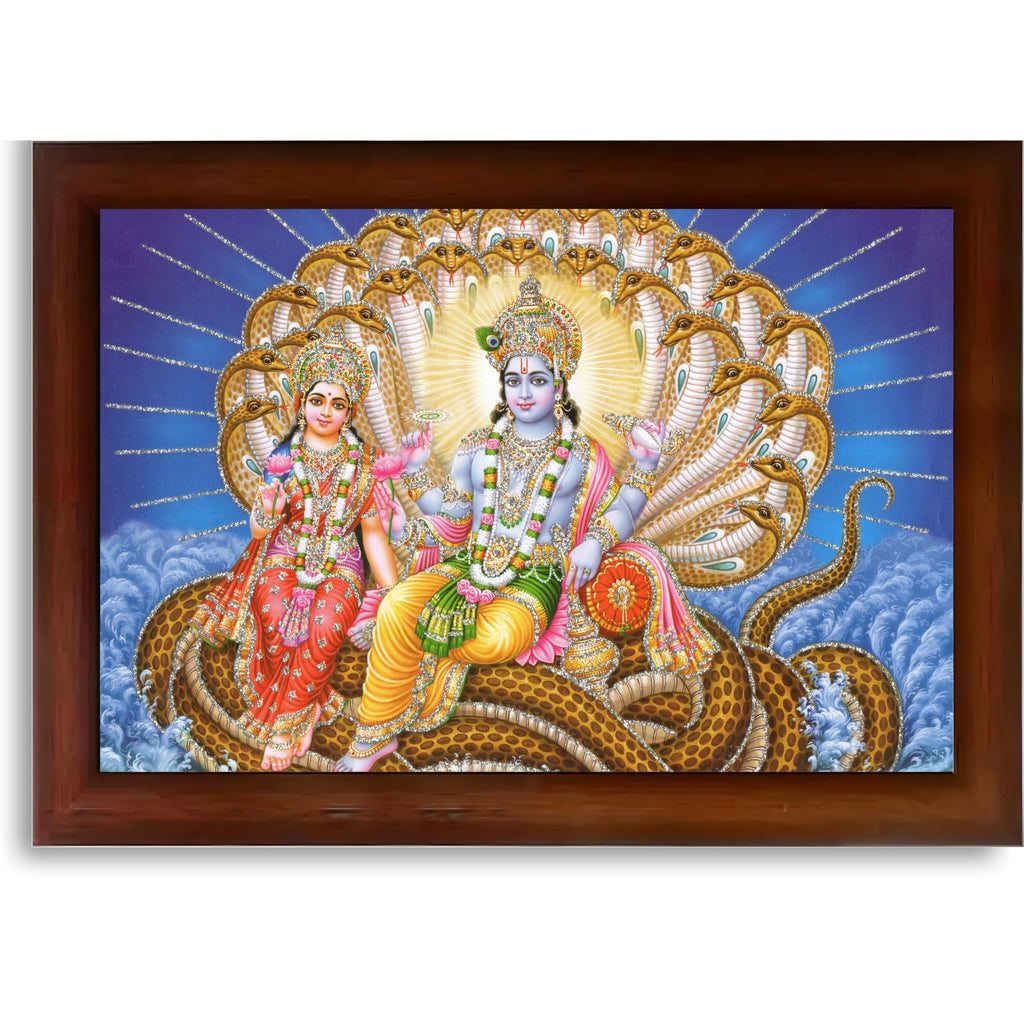 CRAFT QUEST Goddess Lakshmi pressing legs of lord Vishnu on Shesh naag, Glitter Work Painting