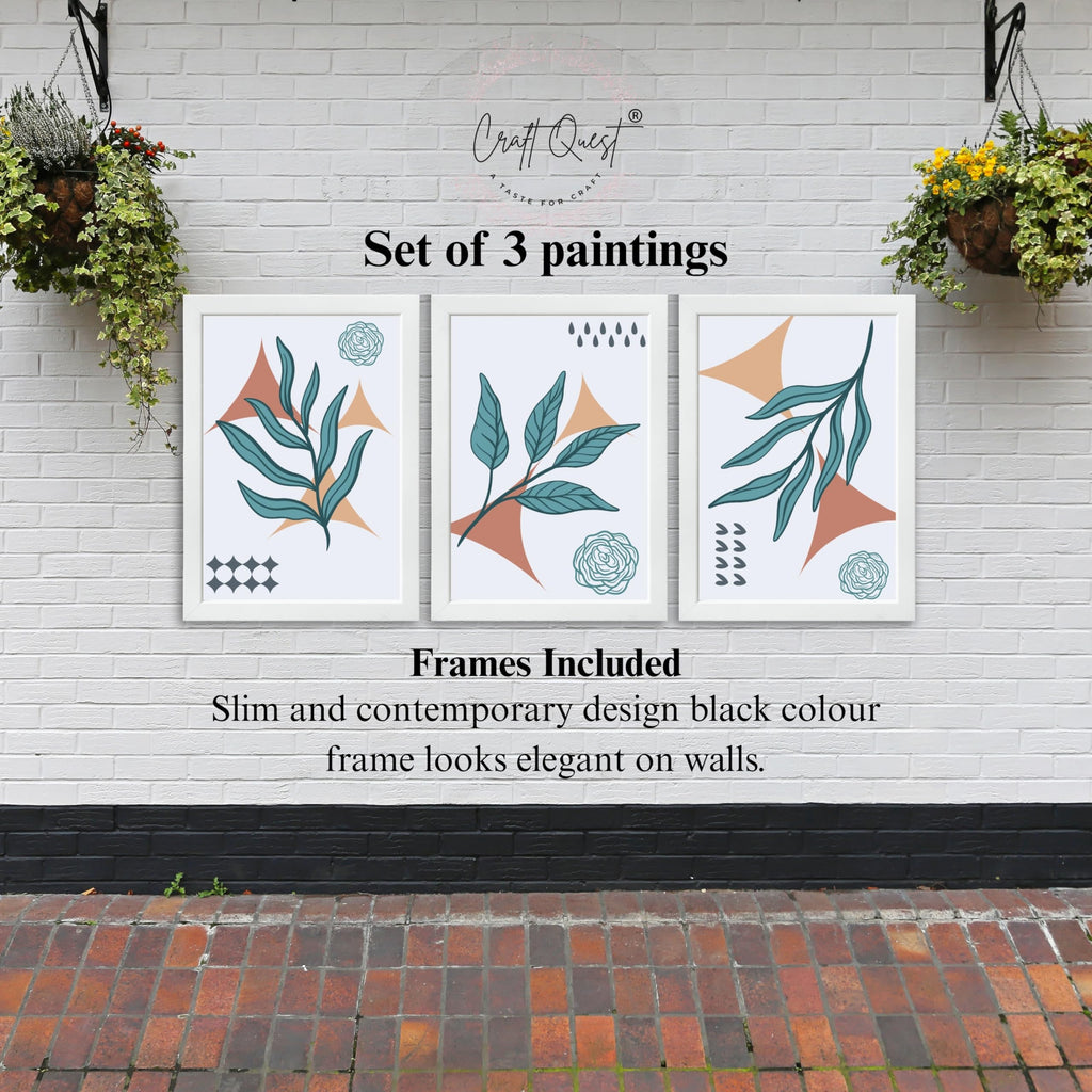 CRAFT QUEST Nature Inspired Botanical Wall Art Abstract Leaves Wall Art | Set of 3 Frames for Home Decoration | Ideal for Living Room, Bedroom & Office