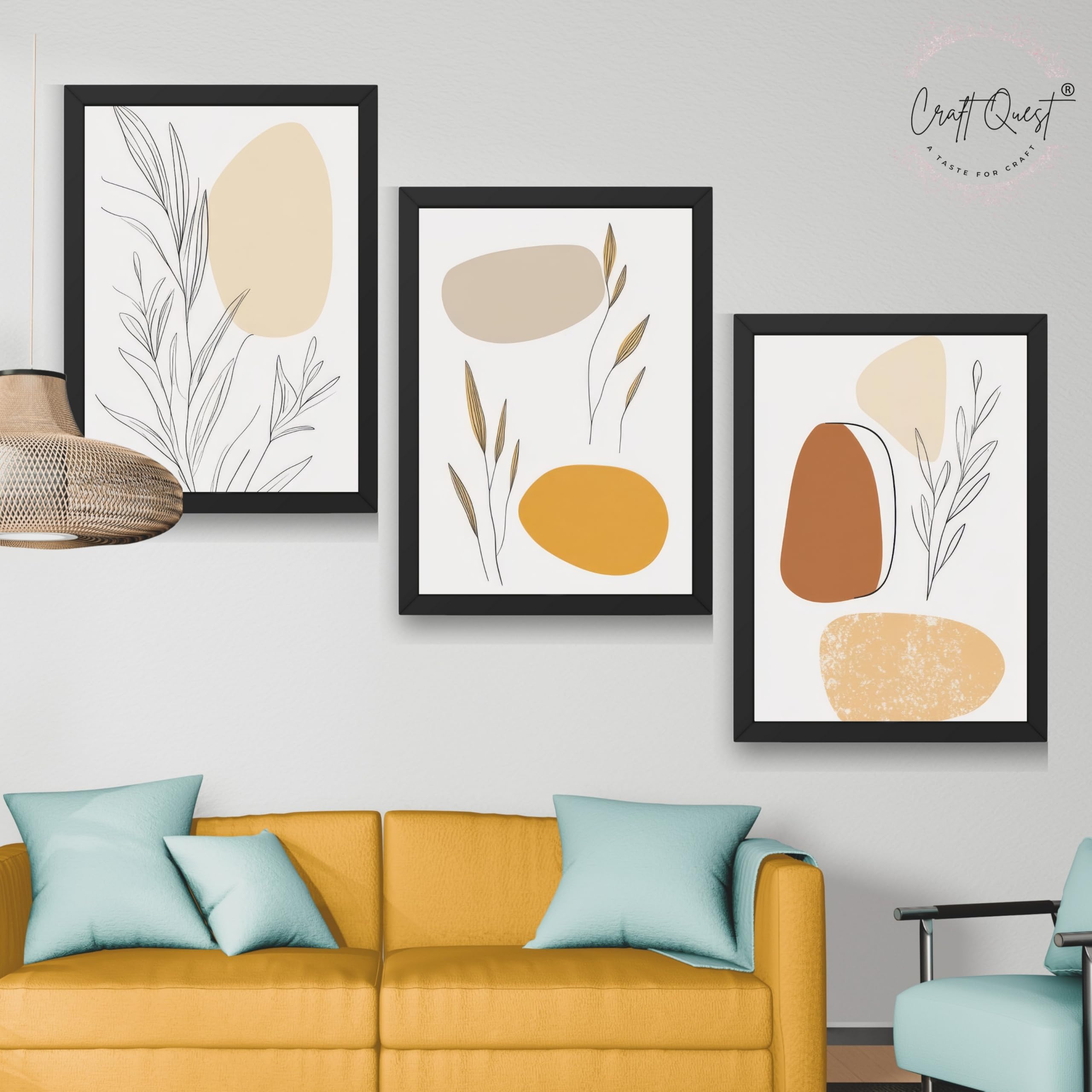 CRAFT QUEST Organic Abstract Wall Art Modern Art | Set of 3 Frames for Home Decoration | Ideal for Living Room, Bedroom & Offices