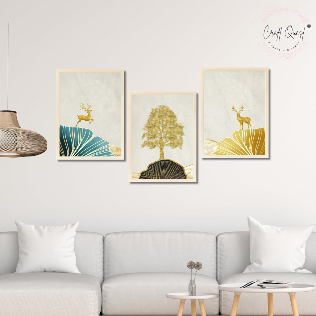 CRAFT QUEST Modern Art Landscape Of Golden Tree & Deer Wall Art | Set of 3 Frames for Home Decoration | Ideal for Living Room, Bedroom & Offices