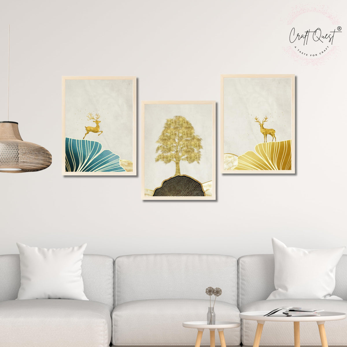 CRAFT QUEST Modern Art Landscape Of Golden Tree & Deer Wall Art | Set of 3 Frames for Home Decoration | Ideal for Living Room, Bedroom & Offices