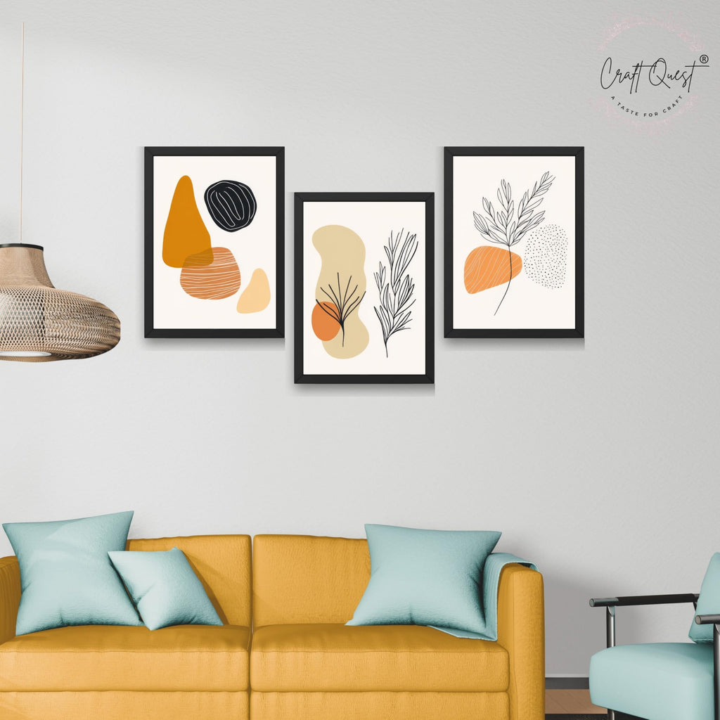 CRAFT QUEST Organic Abstract Line Art Modern Art | Set of 3 Frames for Home Decoration | Ideal for Living Room, Bedroom & Offices