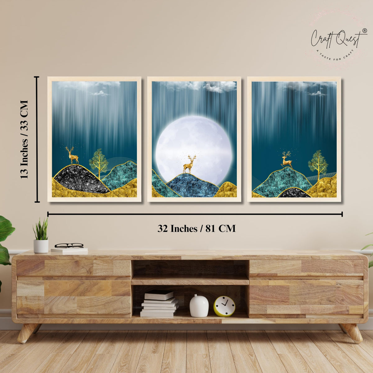 CRAFT QUEST Modern Art Landscape Of Moon & Golden Christmas Trees Wall Art | Set of 3 Frames for Home Decoration | Ideal for Living Room, Bedroom & Offices