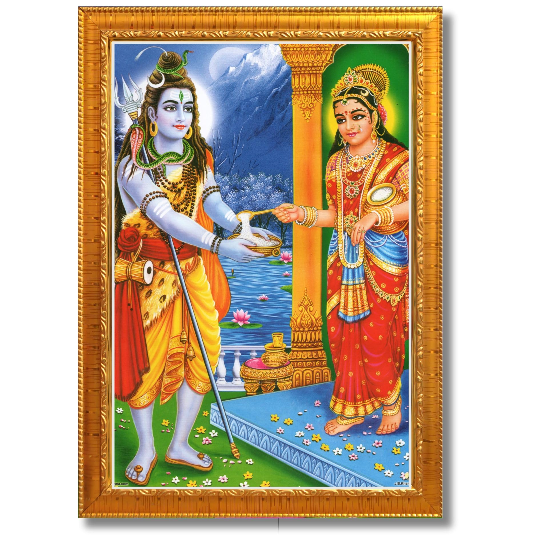 CRAFT QUEST Shiva & Maa Annapurna devi sitting on throne photo frame with Laminated Poster for Kitchen Worship