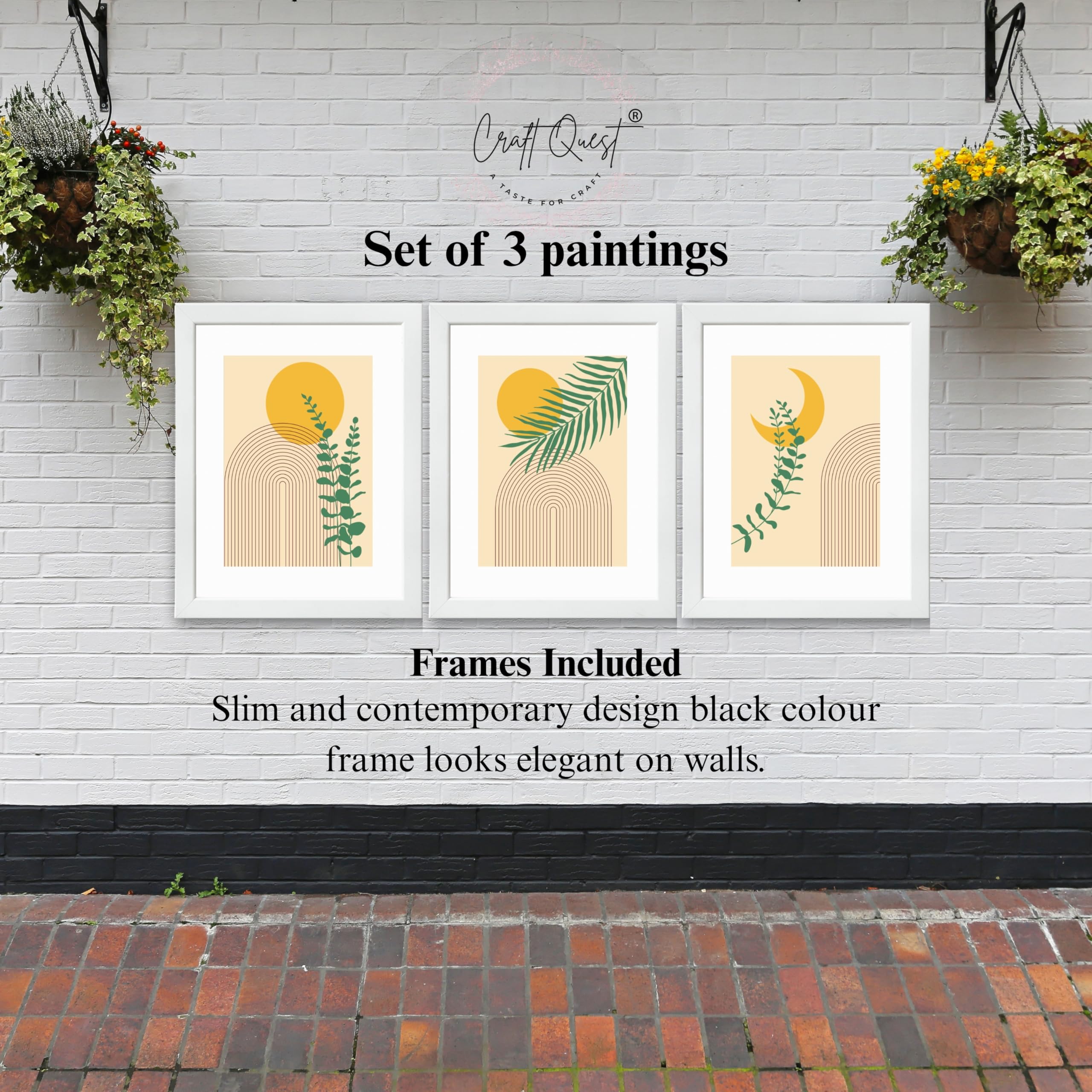CRAFT QUEST Wall Art Decor Paintings | Set of 3 BOHO Wall Art Frames for Home Decoration | Ideal for Living Room, Bedroom & Office