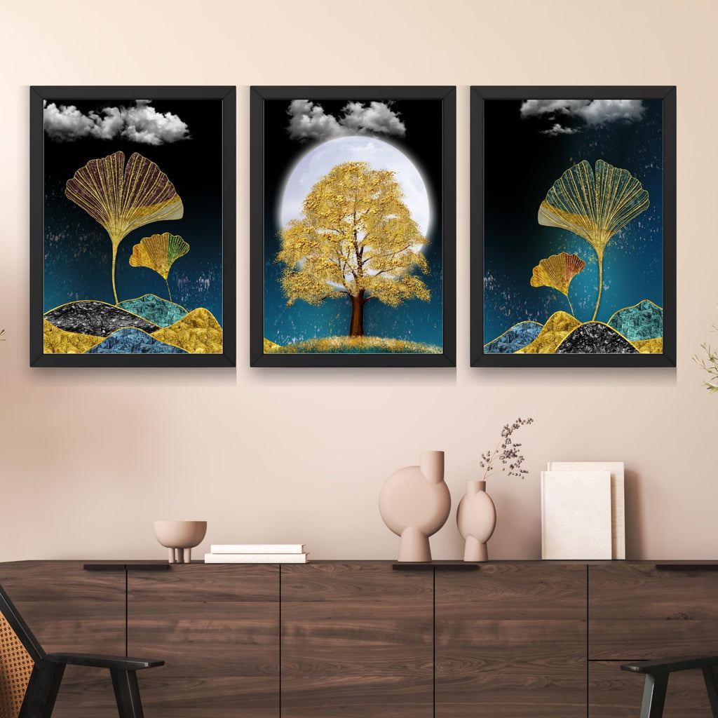 CRAFT QUEST Modern Art Mural With Golden Christmas Trees Wall Art | Set of 3 Frames for Home Decoration | Ideal for Living Room, Bedroom & Offices