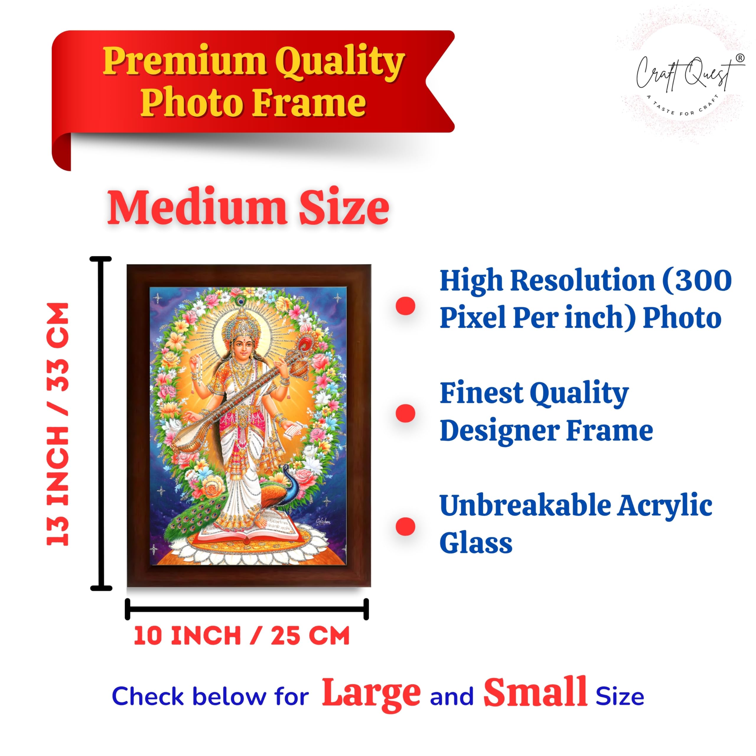 CRAFT QUEST Saraswati Devi Goddess Saraswati Maa Wall Painting Sparkle Coated Framed Home Decor wooden framed