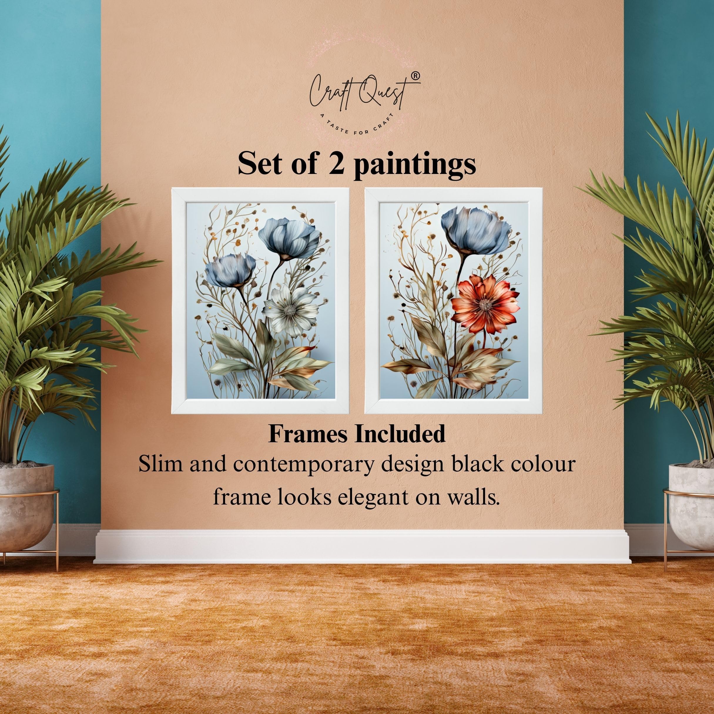 CRAFT QUEST Wall Art Decor Paintings | Set of 2 Floral Wall Art Frames for Home Decoration | Ideal for Living Room, Bedroom & Office