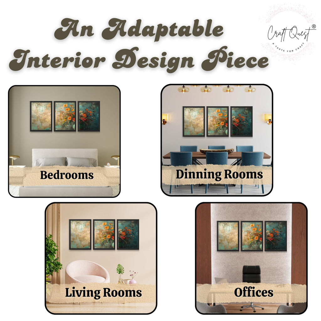 CRAFT QUEST Nature Inspired Paintings Of Flowers Wall Art | Set of 3 Frames for Home Decoration | Ideal for Living Room, Bedroom & Office