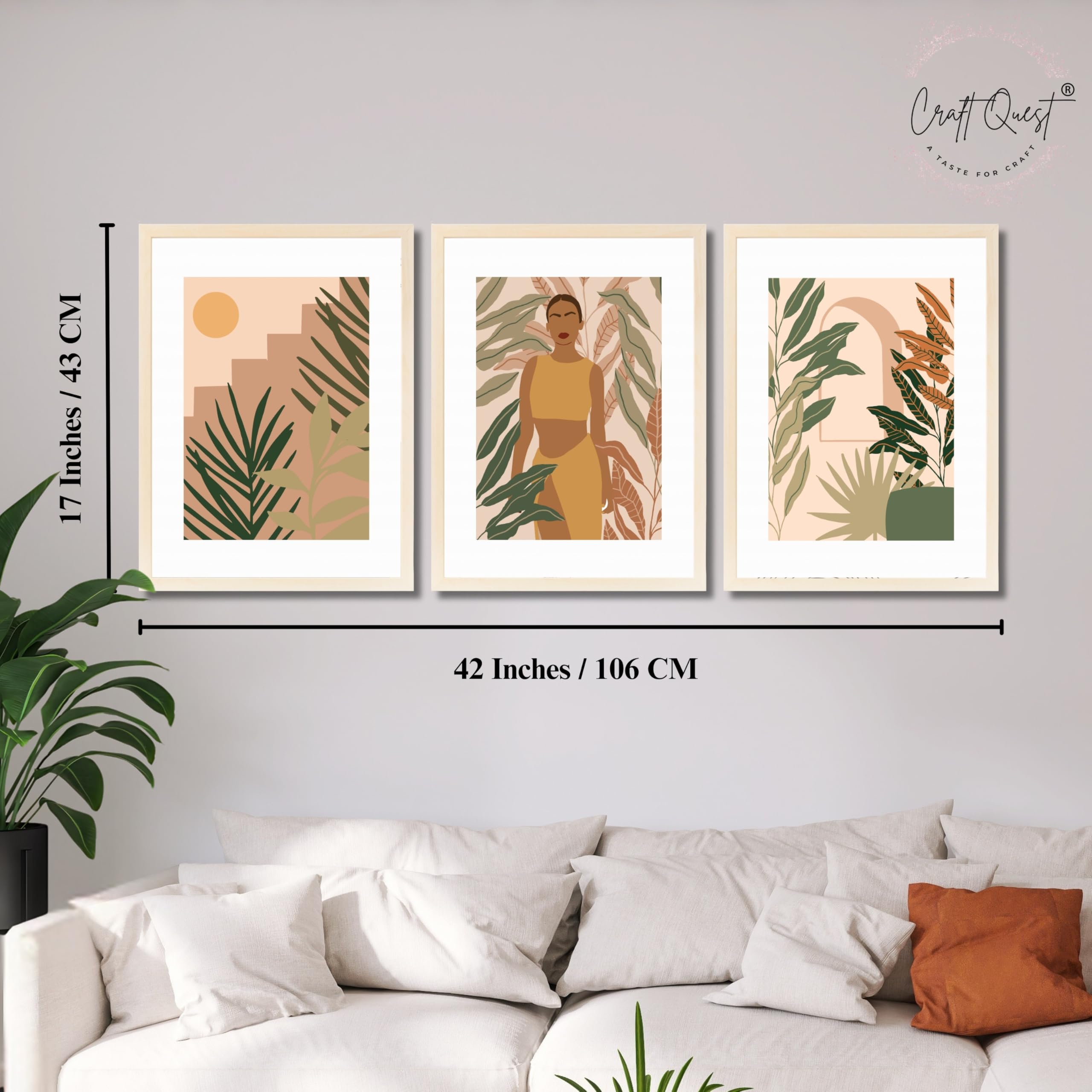 CRAFT QUEST Beautiful Abstract Of American Woman & Tropical Leaves Wall Art | Set of 3 Frames for Home Decoration | Ideal for Living Room, Bedroom & Offices