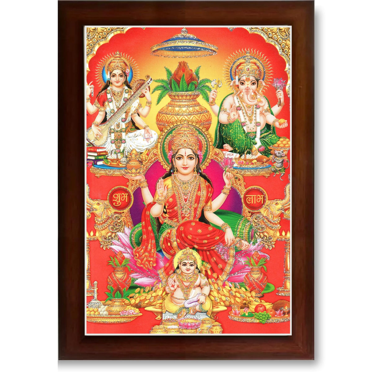 CRAFT QUEST Lakshmi Devi Ganesha Saraswati Ganesh Hanging Wall Painting Framed Home Decor Hindu Bhagwan Devi Devta Photo Frame