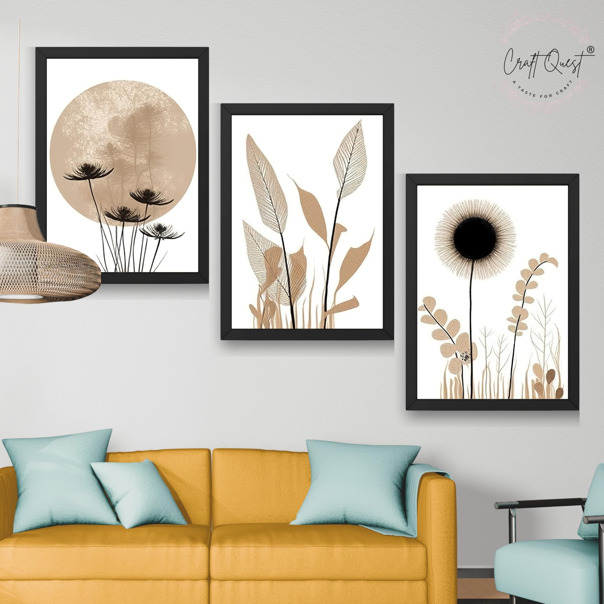 CRAFT QUEST Boho Minimalist Abstract Wall Art | Set of 3 Frames for Home Decoration | Ideal for Living Room, Bedroom & Offices