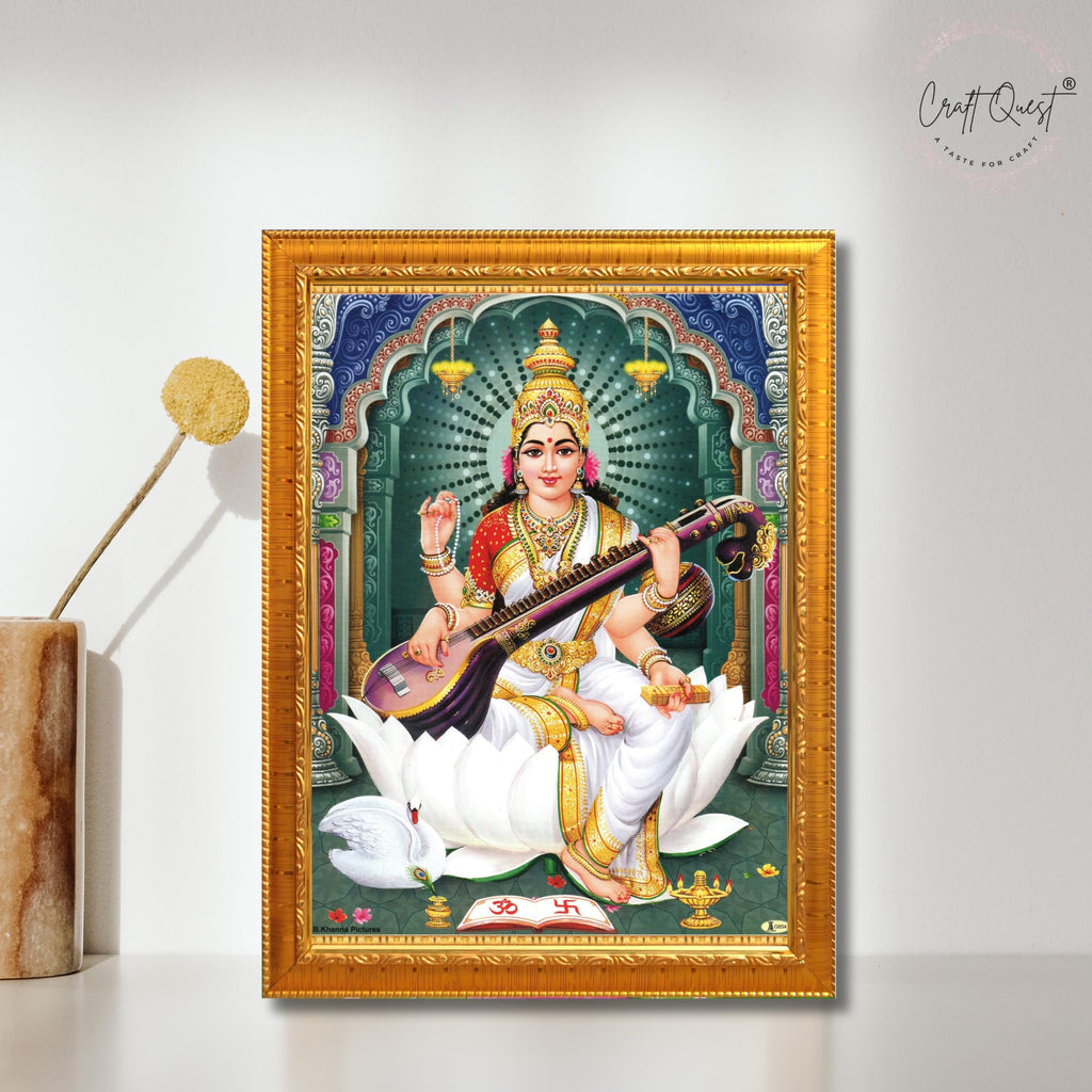 CRAFT QUEST Saraswati Devi Goddess Saraswathi Maa Wall Painting Sparkle Coated Framed Home Décor Synthetic wood