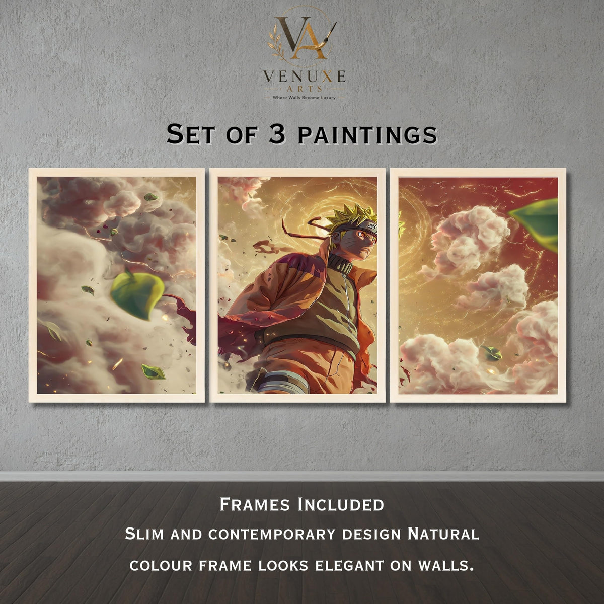 VENUXE ARTS Set Of 3 Anime Characters Wall Framed |Anime Characters Framed Poster for Living Room Bedroom Gaming Room Studio Wall Decor