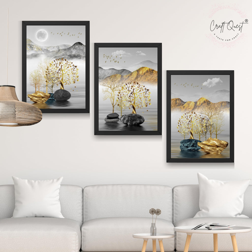 CRAFT QUEST Modern Art Landscape Golden Tree,Birds & Mountains Wall Art | Set of 3 Frames for Home Decoration | Ideal for Living Room, Bedroom & Offices