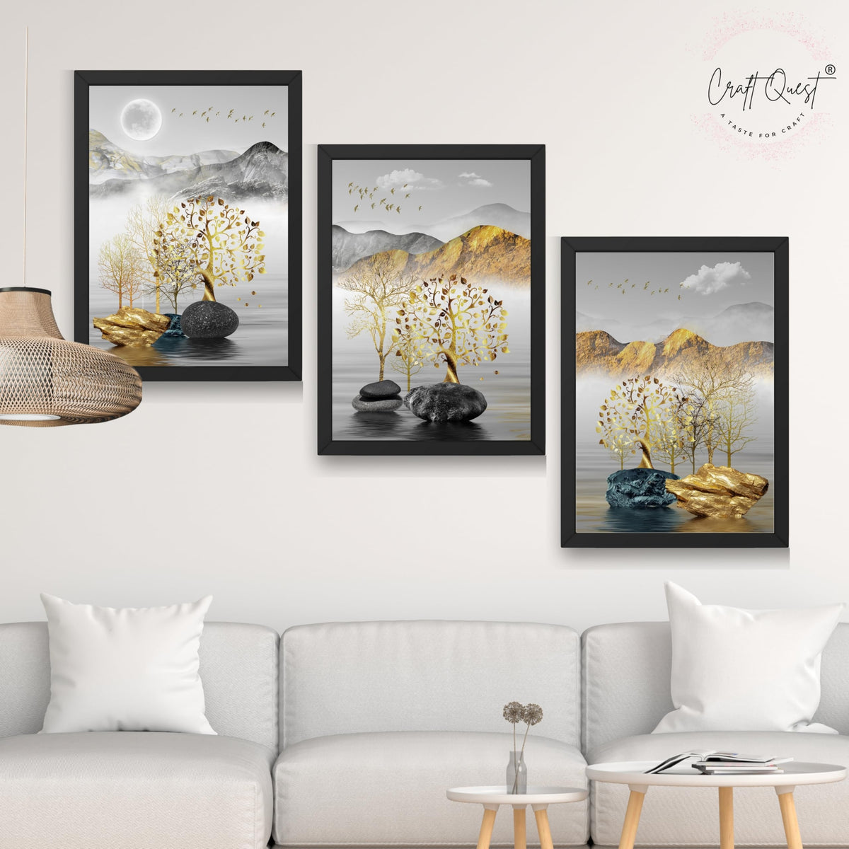 CRAFT QUEST Modern Art Landscape Golden Tree,Birds & Mountains Wall Art | Set of 3 Frames for Home Decoration | Ideal for Living Room, Bedroom & Offices