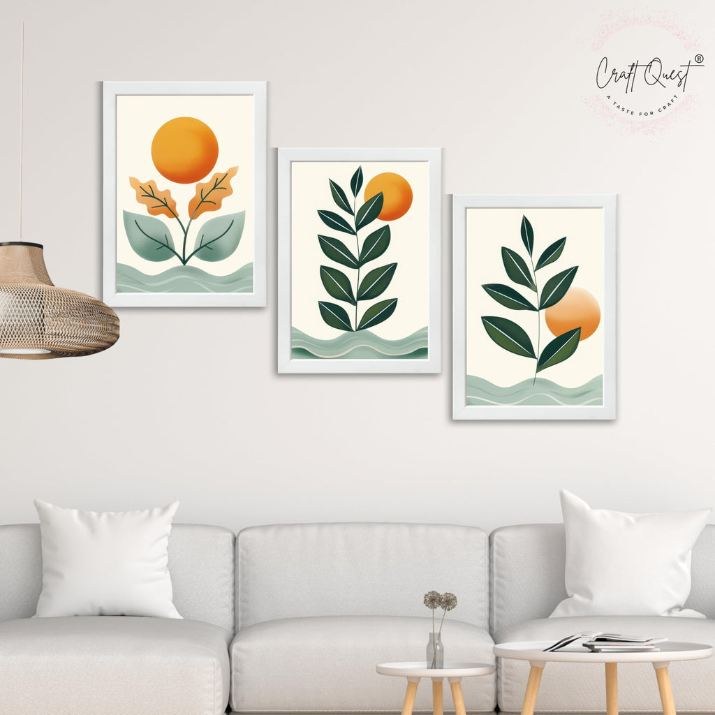 CRAFT QUEST Nature Inspired Sun & Moon Modern Boho Wall Art | Set of 3 Frames for Home Decoration | Ideal for Living Room, Bedroom & Offices