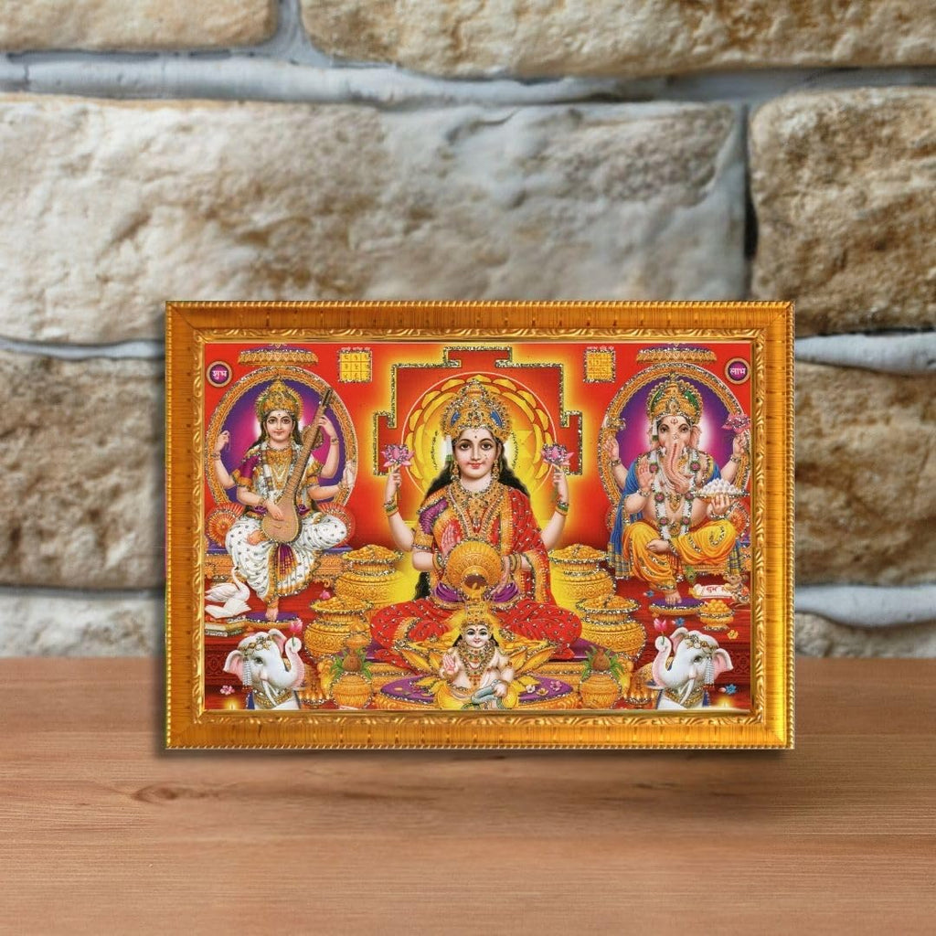 CRAFT QUEST Lakshmi Devi with Kuber Ji, Ganesh ji, Saraswati maa Wall Painting Frame Home Decor (Synthetic, Sparkle Finish, Golden, Small Size, 8 X 6 Inch)