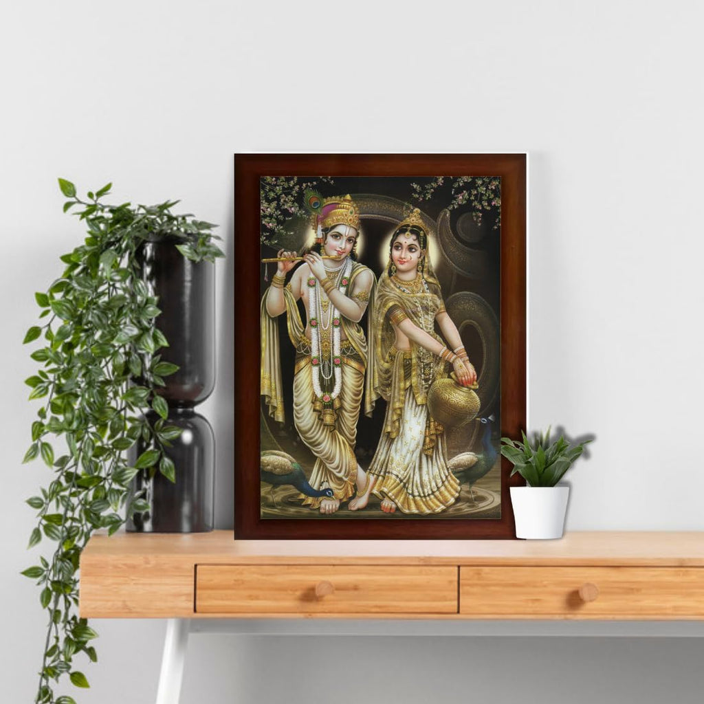 CRAFT QUEST Radha Krishna Sparkle Coated Home Decorative Gift Item Framed Painting (10 X 14 Inches, Brown) RK1013-10